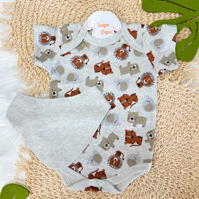 Conj. Body Manga Curta Safari, Shorts e Babador Bandana - Ferrugem e Mescla